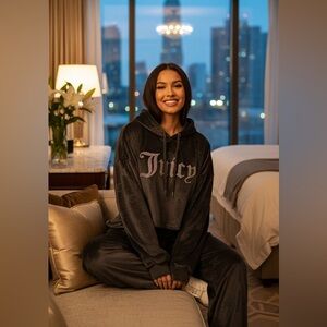 Juicy Couture Sleepwear Pajama Lounge Set Black Velvet Logo NWT Size L